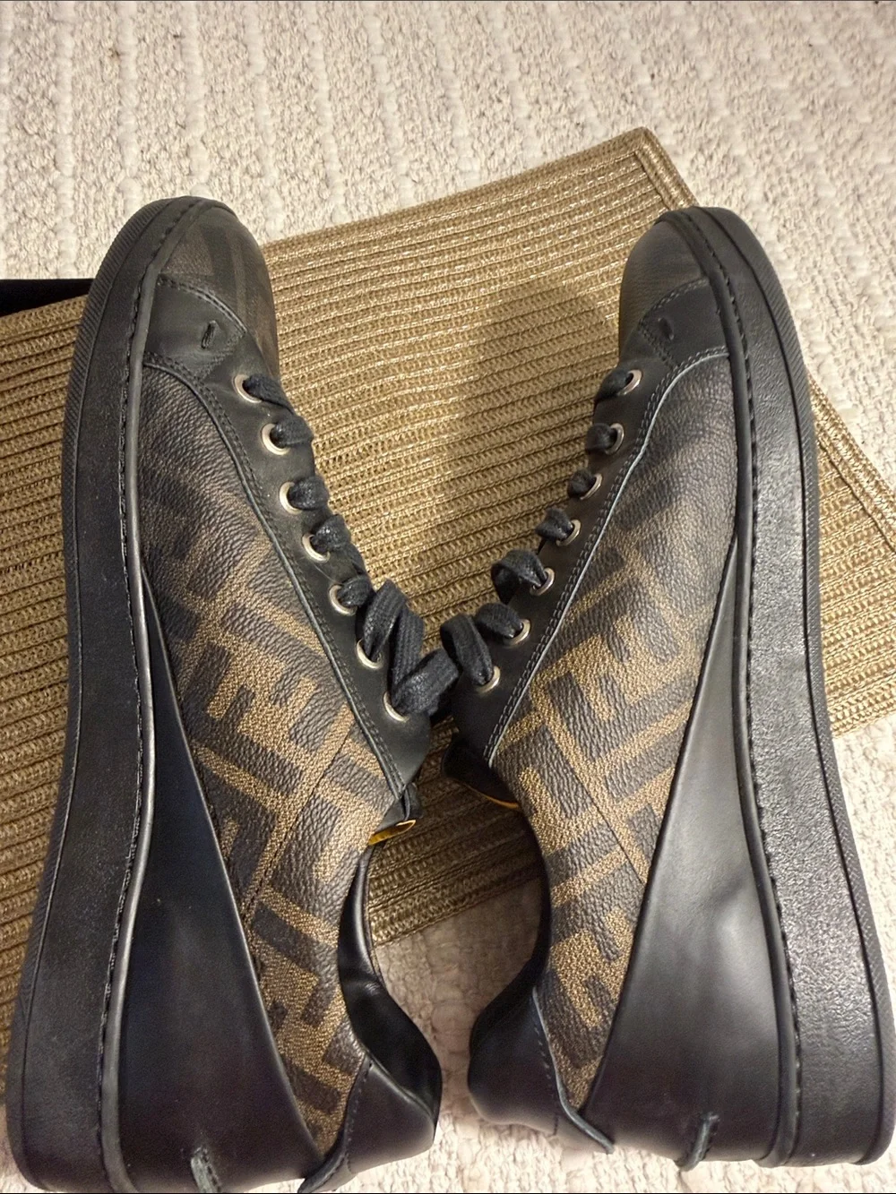 Fendi Roma FF Zucca Monogram Low Top Sneakers Black Brown Men’s Size 8 Italy
